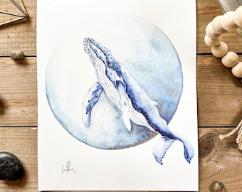 8x10 Humpback in Blue —Original Illustration Archival Print— PNW Art