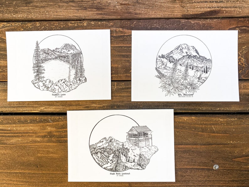 4x6 Greeting Cards Set of 3 Original Mt Rainier Illustrations image 5