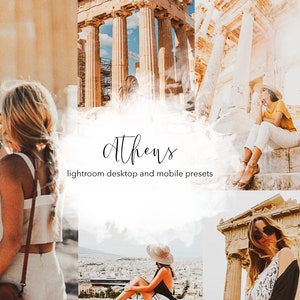 May include: A set of digital Lightroom presets for desktop and mobile devices, inspired by the architecture and colors of Athens, Greece. The image features a woman in a white top and a white hat, standing in front of a white building with columns.