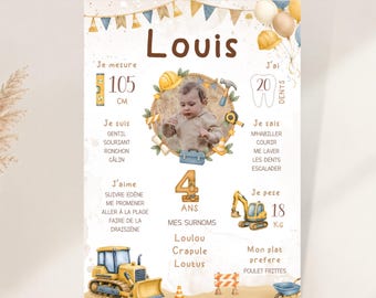 Personalized Construction Vehicle Birthday Poster - Unisex Child and Baby Photo Poster - Construction Work - Original Decoration
