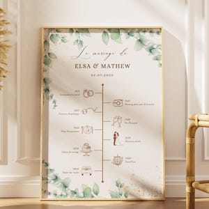 Peut inclure: Affiche de mariage encadrée avec les noms Elsa & Mathew et la date 02.07.2025. L'affiche présente une chronologie avec des illustrations d'événements de mariage, entourée de feuilles vertes et d'accents dorés.