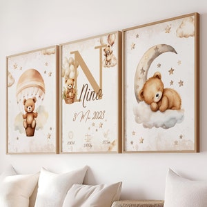 Conjunto de 3 carteles - cartel de nacimiento de osito de peluche personalizado - cartel de trío decorativo - regalo de nacimiento de bebé - pdf o impreso