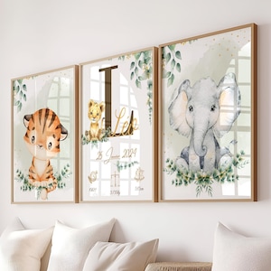 Set mit 3 Postern - personalisiertes Geburtsplakat mit Savannentieren - dekoratives Poster - Geburtsgeschenk - PDF oder gedruckt