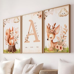 Conjunto de 3 carteles - cartel de nacimiento personalizado flores de reno ardilla - cartel decorativo - regalo de nacimiento - pdf o impreso