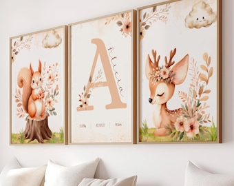 Lot de 3 affiches - affiche de naissance personnalisée écureuil renne fleurs - affiche décorative - cadeau de naissance - pdf ou imprimée