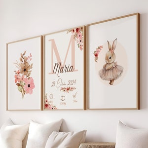 Set mit 3 Postern - personalisiertes Geburtsposter Kaninchen-Ballerina-Blumen - dekoratives Poster - Geburtsgeschenk - PDF oder gedruckt
