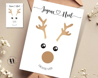 Carte à gratter annonce de grossesse personnalisée - Renne de Noël - papa, mamie, tata, papi - pastilles à gratter dorées