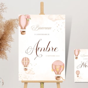 affiche bienvenue personnalisée - anniversaire baptême - montgolfière rose fleur nuage - bébé et enfant - pdf ou imprimée
