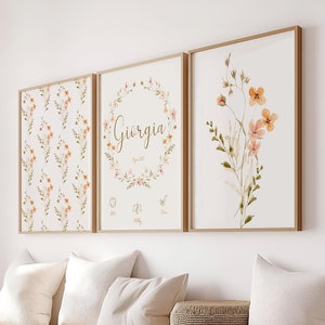 Set mit 3 Postern - personalisiertes Geburtsposter Boho-Blumen - dekoratives Trio-Poster - Baby-Geburtsgeschenk - PDF oder gedruckt