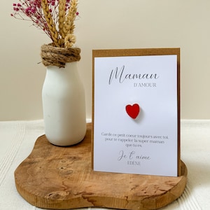 Carte merci Maman d'Amour personnalisée - broche coeur - pin's coeur rouge - cadeau maman - fête des mères