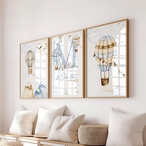 Set mit 3 Postern - personalisiertes Geburtsposter Montfolfièrere - dekoratives Trio-Poster - Geschenk zur Geburt eines Babys - PDF oder gedruckt
