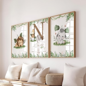 Set mit 3 Postern - personalisiertes Safari-Geburtsplakat - dekoratives Trio-Plakat - Geschenk zur Geburt eines Babys - PDF oder gedruckt