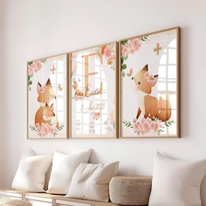 Set mit 3 Postern - personalisiertes Poster zur Geburt eines Fuchses - dekoratives Trio-Poster - Geschenk zur Geburt eines Babys - PDF oder gedruckt