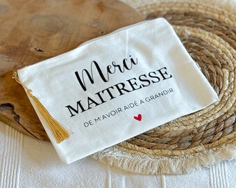 Trousse en coton "Merci maitresse" - minimaliste coeur - personnalisée - pochette cadeau Maitresse