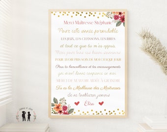 Poster Thank you Mistress or Atsem personalized flowers - child's first name - mistress gift - atsem - Pdf or printed