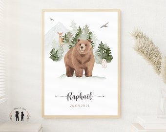 Personalized poster Bear and forest - first name and date of birth - baby or child - PDF or printed