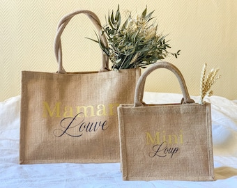 Duo de sac en jute mère-fille / mère-fils - Grand caba et mini caba - Maman Louve et mini Loup