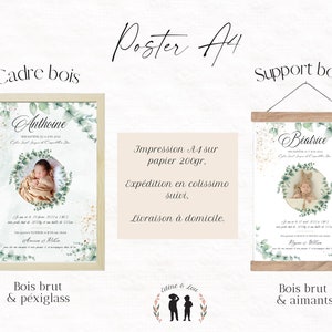 May include: A white poster with a green leafy border and a baby photo in the center. The poster is titled "Anthoine" and includes the baby's birth date and time. The poster is available in a wooden frame or on a wooden support.