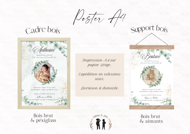 May include: A white poster with a green leafy border and a baby photo in the center. The poster is titled "Anthoine" and includes the baby's birth date and time. The poster is available in a wooden frame or on a wooden support.