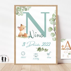 Personalized birth poster "Fox" - Souvenir baby poster - Initial, first name, weight, height and time