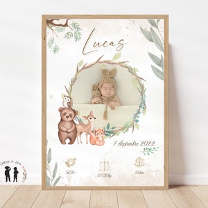 Personalisiertes Baby-Geburtsplakat mit Foto von Waldtieren oder Taufplakat - Vorname, Gewicht, Größe und Uhrzeit - PDF oder gedruckt