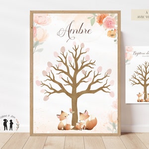 Árbol con estampado de zorros para personalizar - cartel de nacimiento, bautizos, cumpleaños - cartel mixto de niño y bebé - PDF o impreso