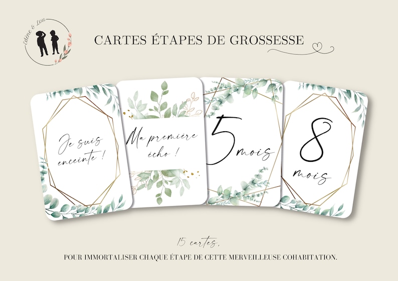 Cartes étapes de grossesse - thème boho eucalyptus - 15 cartes - mois de grossesse, écho, fille ou garçon image 1