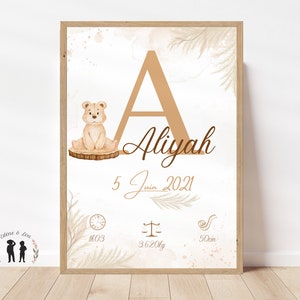Gepersonaliseerde baby boho beer geboorteposter - Baby souvenirposter - Initiaal, voornaam, gewicht, lengte en tijd - PDF of afgedrukt