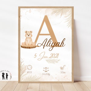 Personalized baby boho teddy bear birth poster - Baby souvenir poster - Initial, first name, weight, height and time - PDF or printed