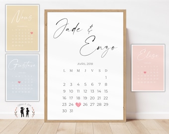 Affiche personnalisée date calendrier minimaliste / Affiche couple, famille, enfant / Décoration moderne