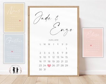 Cartel de fecha de calendario minimalista personalizado / Pareja, familia, cartel infantil / Decoración moderna