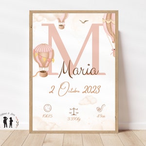 Affiche de naissance personnalisée montgolfière rose - Affiche bébé souvenir - Initiale prénom, poids, taille et heure - imprimée ou .pdf