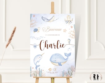 Personalized poster for baptism, birthday or baby shower with marine animals - baby and child - original gift decoration under the ocean