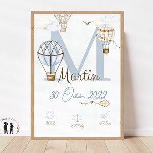Personalized baby hot air balloon birth poster - Baby souvenir poster - Initial, first name, weight, height and time - PDF or printed
