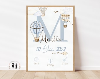 Personalized Baby Hot Air Balloon Birth Poster - Keepsake Baby Poster - Initial, First Name, Weight, Height and Time - PDF or Printed