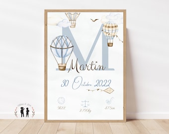 Affiche de naissance personnalisée bébé montgolfière - Affiche bébé souvenir - Initiale, prénom, poids, taille et heure - Pdf ou imprimée