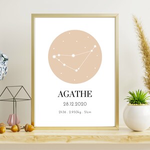 May include: A framed print with a gold border features a Capricorn constellation illustration in white on a peach-colored circle. The name "AGATHE" is below, along with the date, time, weight, and height.