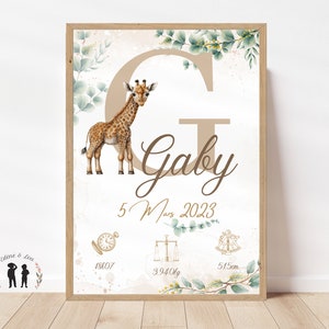 Personalisiertes Baby-Giraffe-Geburtsposter - Baby-Souvenir-Poster - Initiale, Vorname, Gewicht, Größe und Uhrzeit