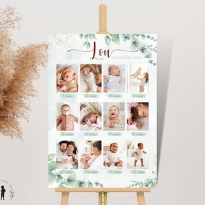 Affiche Ma première année photo - 12 photos pour 12 mois - affiche anniversaire eucalyptus - souvenir bébé - pdf ou imprimée