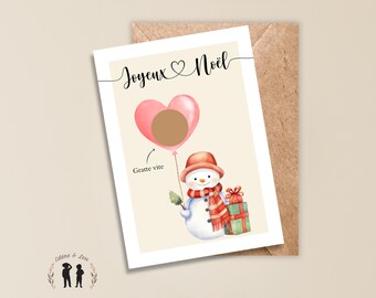 Carte à gratter annonce personnalisée - bonhomme de neige - grossesse, papa, mamie, tata, papi, mariage, cadeau - pastilles à gratter dorées