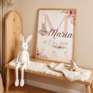 Affiche naissance personnalisée Lapin ballerine fleurs - bébé souvenir - décoration chambre enfant - cadeau naissance unique et original