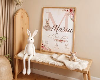 Personalized birth announcement poster featuring a ballerina rabbit and flowers - baby keepsake - nursery decoration - unique and original birth gift