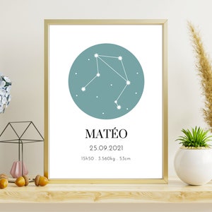 May include: A framed print featuring a teal circle with a white Libra constellation design. Below the circle is the name "MAT&Eacute;O", followed by the date, time, weight, and height. The print is displayed on a wooden shelf with decorative plants.