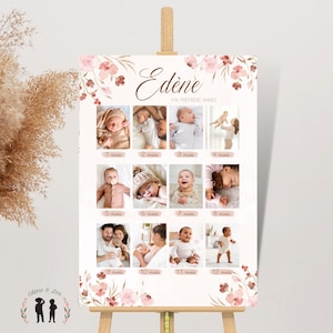 Affiche Ma première année photo - 12 photos 12 mois - affiche anniversaire fleurs rose - souvenir bébé - pdf ou imprimée