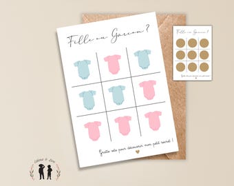 Carte à gratter personnalisée annonce du sexe de bébé morpion body - fille ou garçon - baby shower genre reveal - jeux à gratter dorées