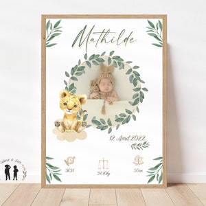 Personalized birth poster baby lion cub photo or baptism poster - Souvenir baby poster - Initial, first name, weight, height and time