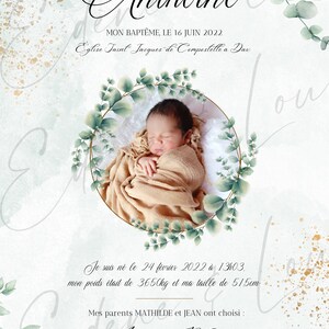 May include: A baptism announcement card with a green leafy border and a photo of a baby boy sleeping. The card reads "Anthoine, Mon Bapt&ecirc;me, Le 16 Juin 2022, Eglise Saint Jacques-de-Compostelle a Dax". The card also includes the baby's birth date, weight, and height. The card also includes the names of the baby's godparents, Anissa & Robin.