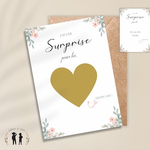 Carte à gratter personnalisée - annonce de grossesse - Papa, tatie, mamie, papi - coeur dorée