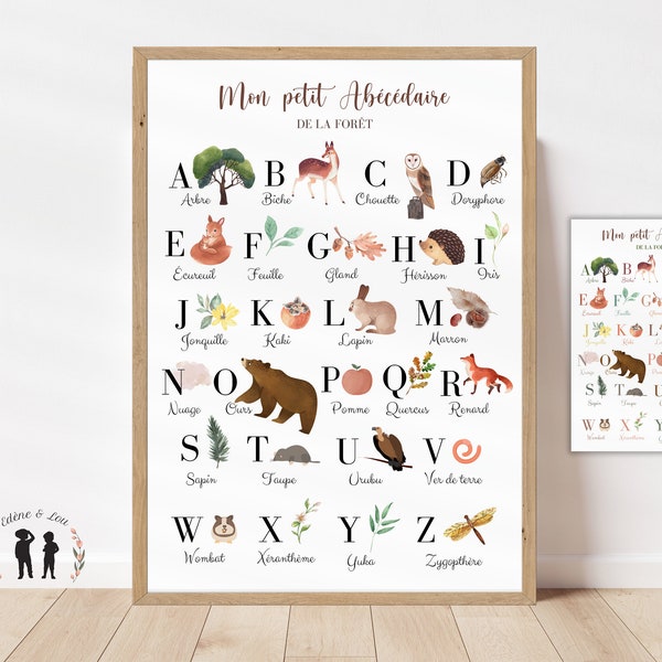 Affiche abécédaire de la forêt / alphabet enfant et bébé / version PDF ou imprimée / animaux, insectes, plantes