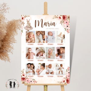 Póster de fotos de mi primer año - 12 fotos para 12 meses - póster de cumpleaños flores conejo bailarina - recuerdo de bebé - pdf o impreso